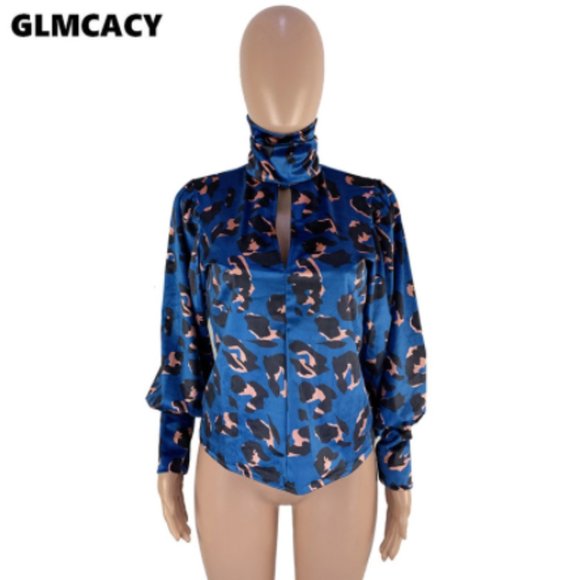 Blue Leopard Print Turtle Neck Keyhole Blouse - Picture 7 of 8